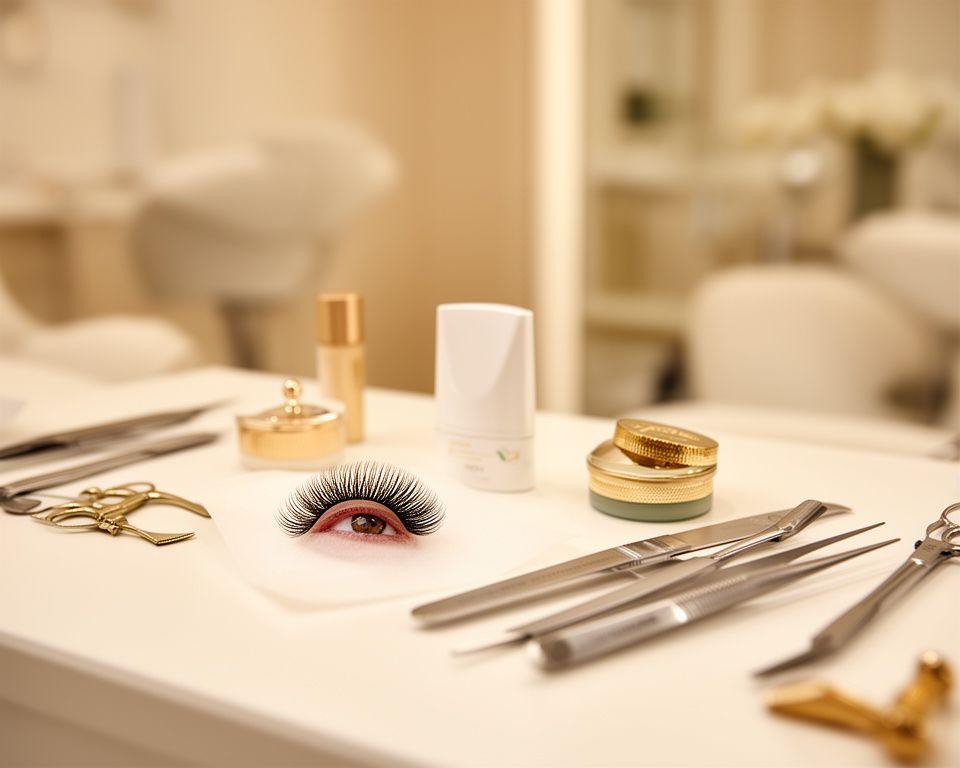 Moderne Beauty-Szene mit gepflegten Wimpern und Arbeitsmaterial auf einem hellen Behandlungstisch in Zürich