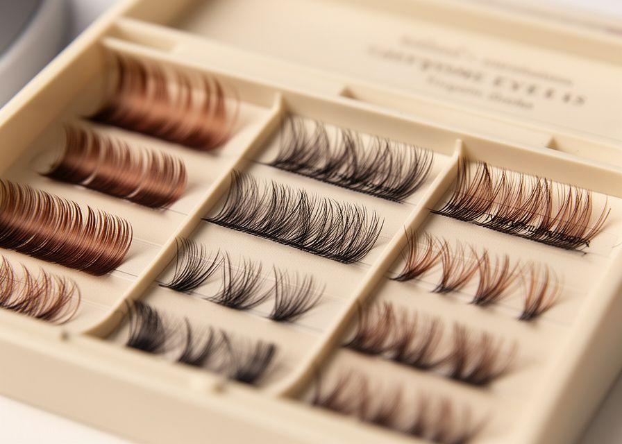 Close-up of classic and volume eyelash extension styles displayed in a Zurich beauty studio on neutral trays
