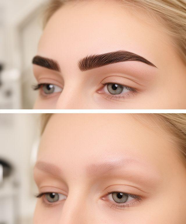 Styled eyebrows before and after brow lamination in a Zurich beauty studio with soft neutral tones