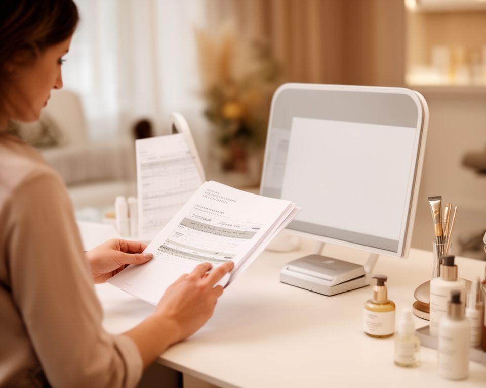 Mitarbeiterin in einem hellen Zürcher Studio prüft digitale Terminunterlagen an einem eleganten Arbeitsplatz