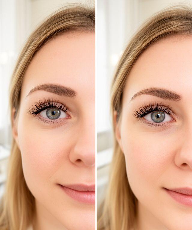 Before and after comparison of a natural eyelash lift on a model in a Zurich salon with bright window light