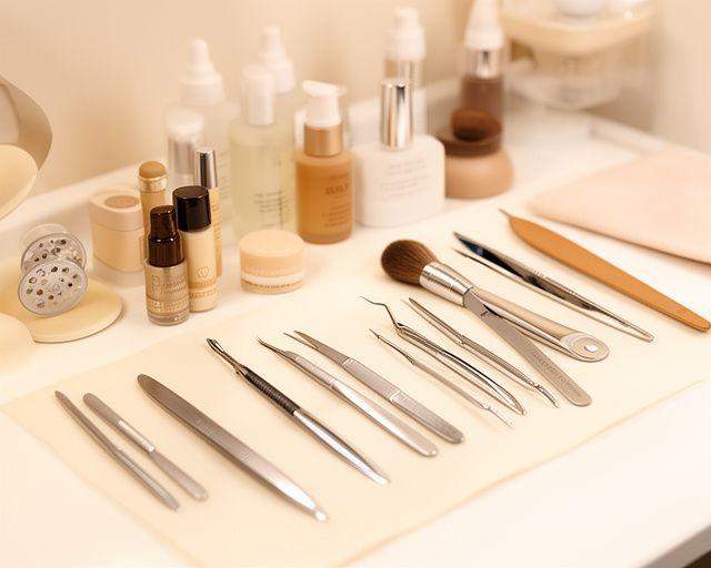 Sauber vorbereiteter Beauty-Arbeitsplatz mit Wimpern-Tools, Pflegeprodukten und ordentlicher Beleuchtung