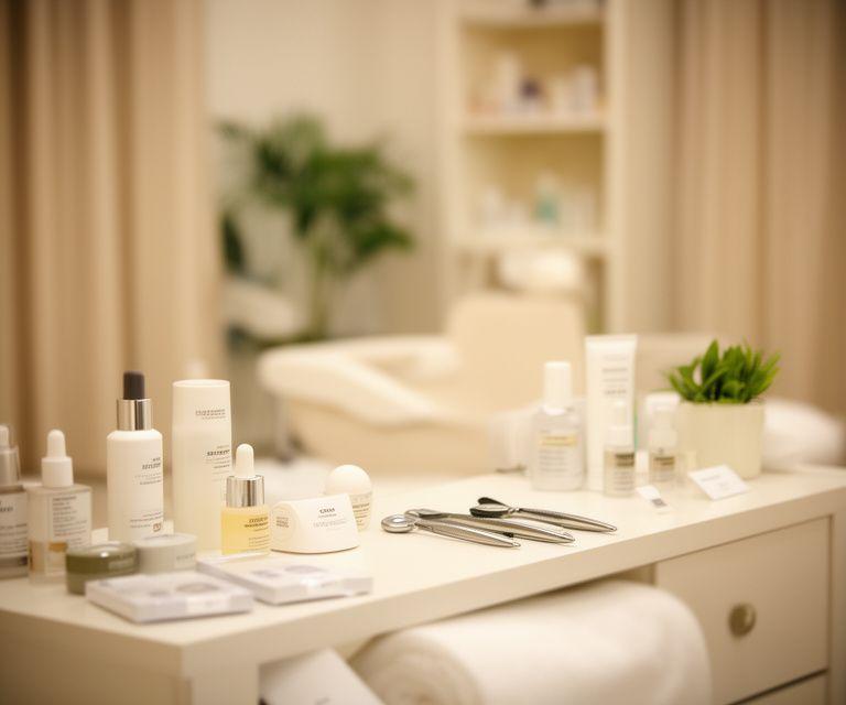 Beratungsbereich im Beauty-Studio mit sauberem Arbeitsplatz, sanfter Beleuchtung und vorbereiteten Pflegeprodukten